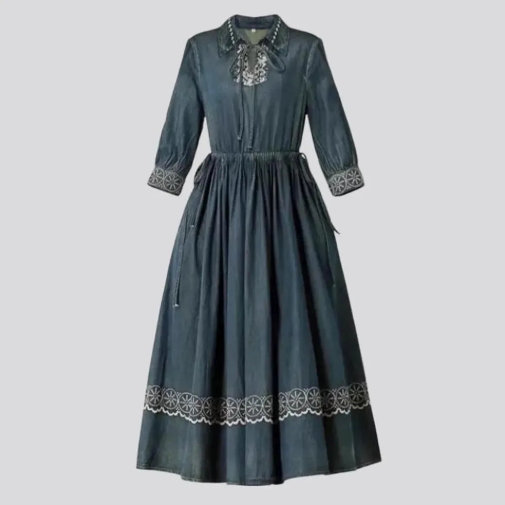 embroidered, long, fit-and-flare, dark-wash, vintage, long-sleeves, women's dress | Jeans4you.shop