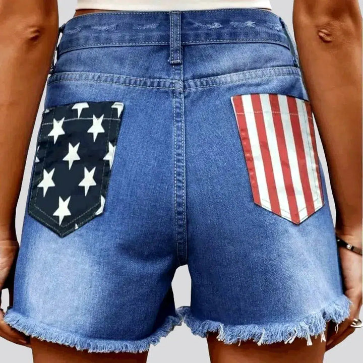 High-waist patched jeans shorts