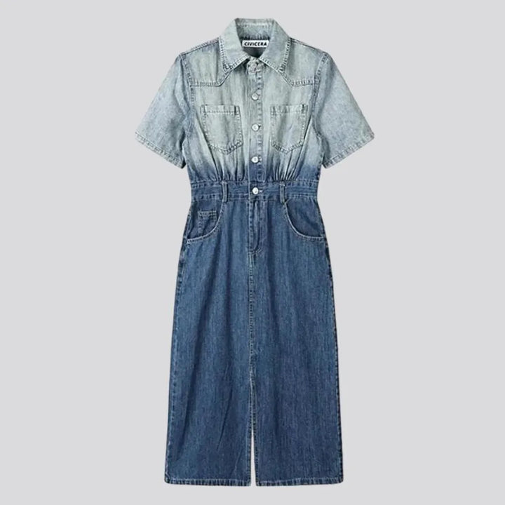 long, dip-dyed, contrast, short-sleeve, buttoned, women's dress | Jeans4you.shop