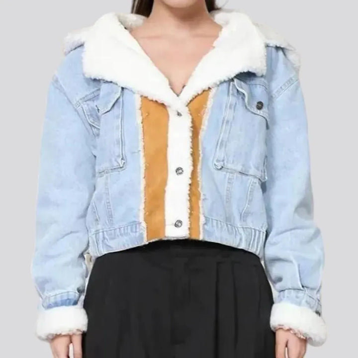 oversized, mixed-fabrics, light-wash, sherpa, hooded, buttoned, women's jacket | Jeans4you.shop