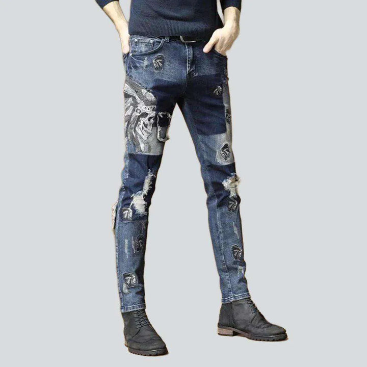 Indian skull embroidery men's jeans