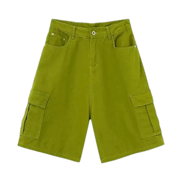 Baggy Cargo Style Mid Rise Men's Denim Shorts - Green