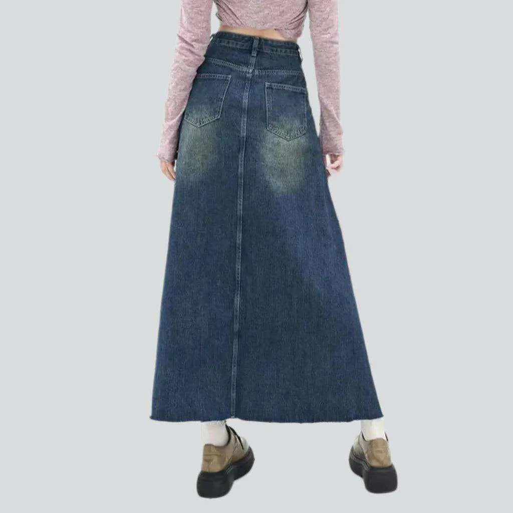 A-line sanded long denim skirt