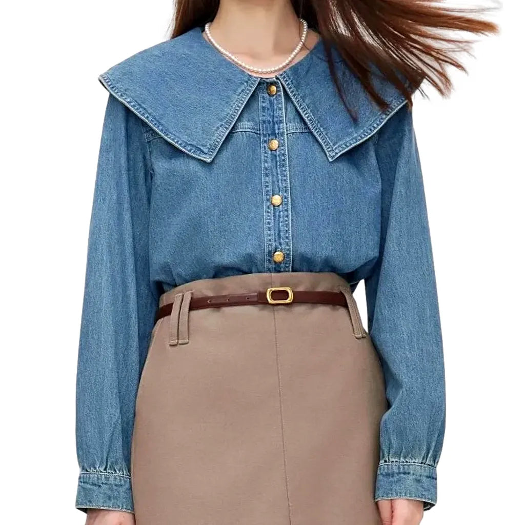 Trendy Wide Collar Oversized Women's Jeans Shirt - Light Blue