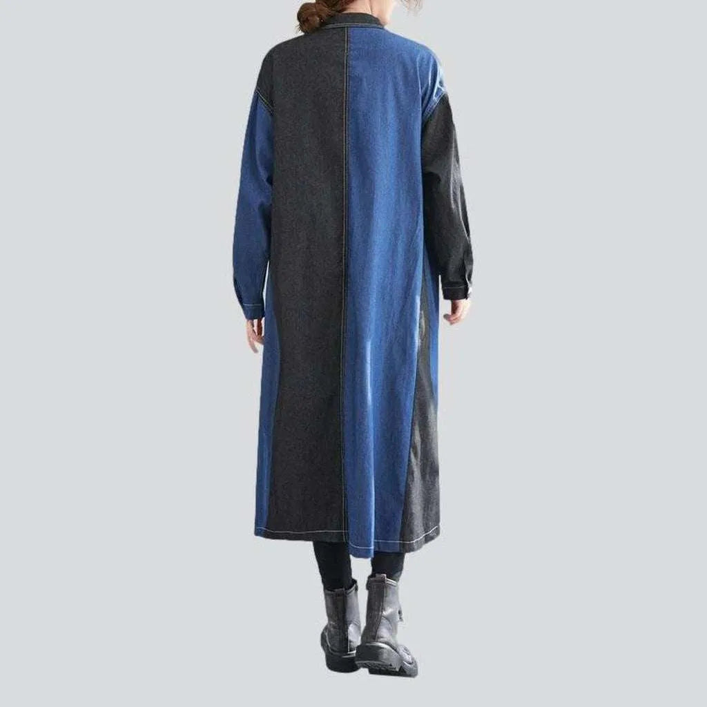 Two-color long denim coat