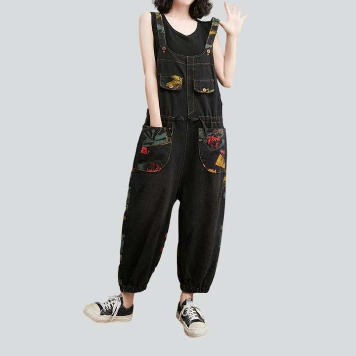 Women's denim overall with drawstrings