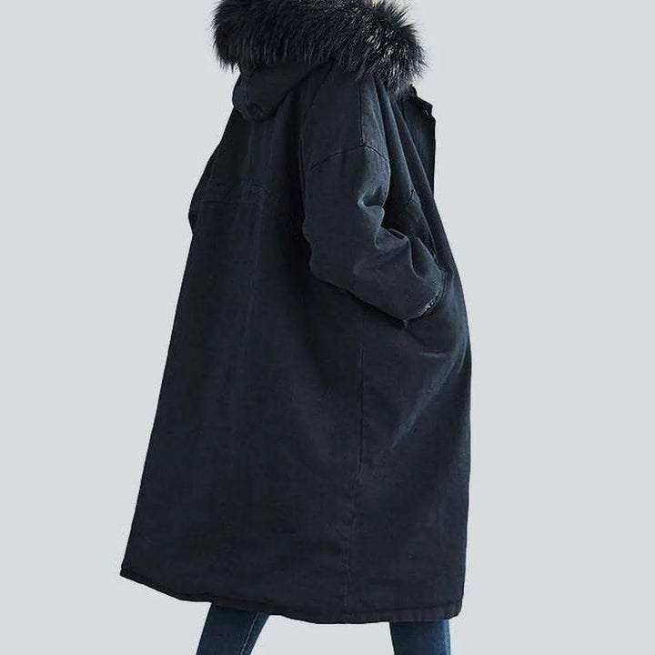 Black denim coat with fur