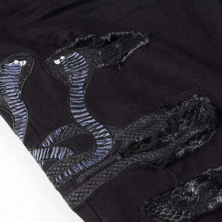 Snake embroidery ripped men's jeans