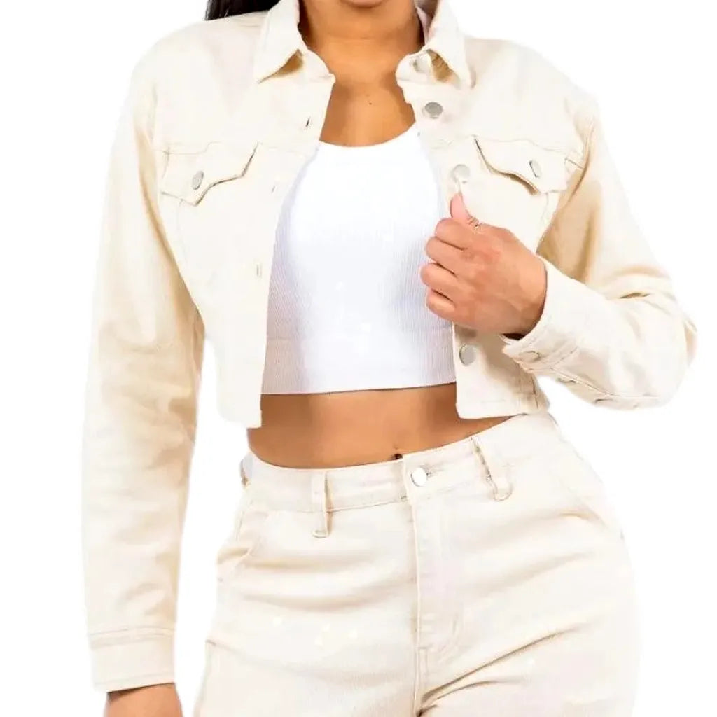 Chic Slim Fit Crop Women's Denim Jacket - Sand