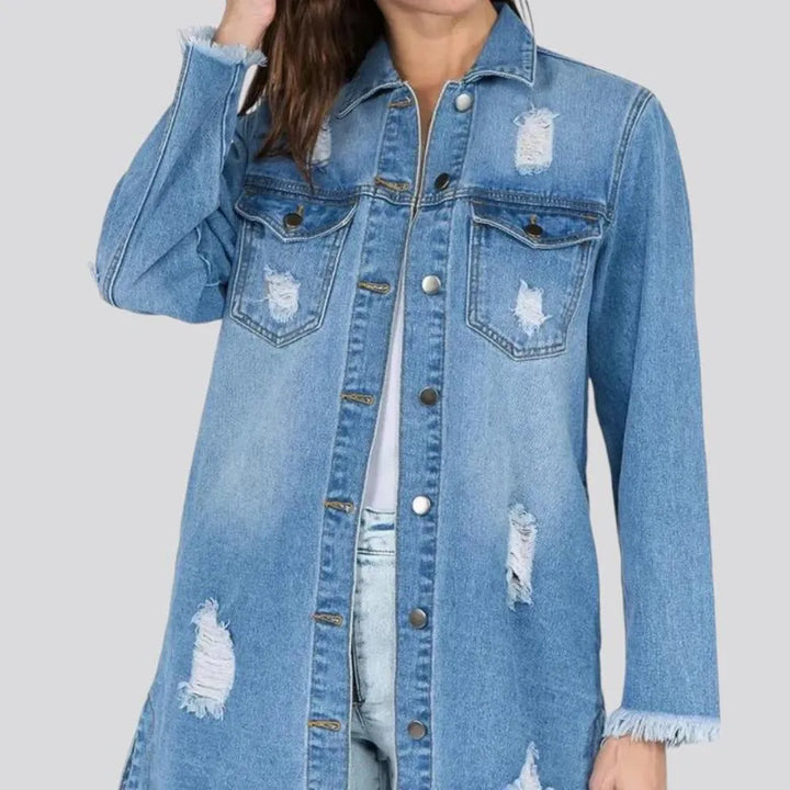 Light wash frayed jacket jean shirt for ladies