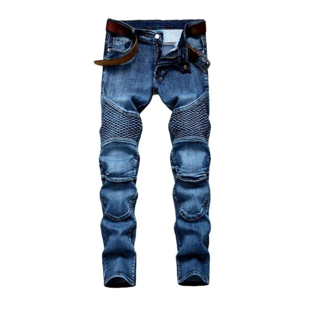 Embroidered blue moto men's jeans