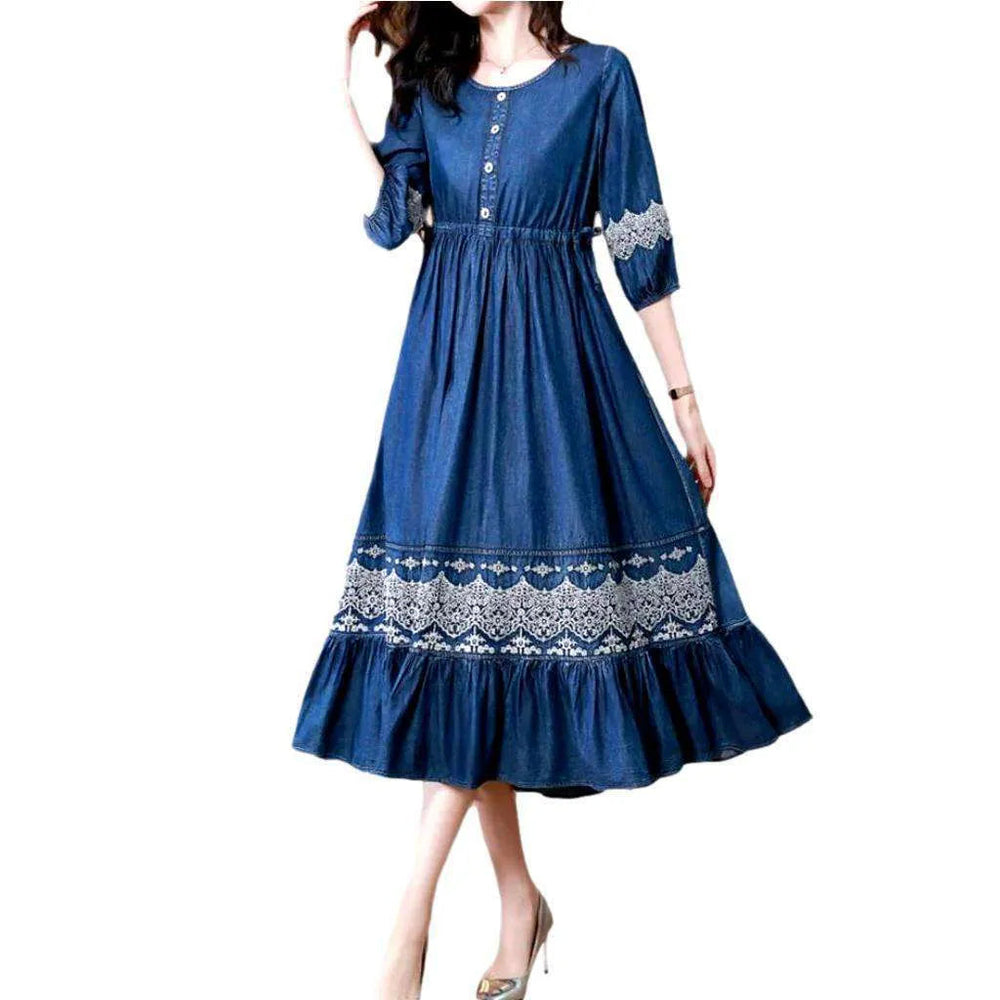 Embroidered Boho Jean Dress - Blue