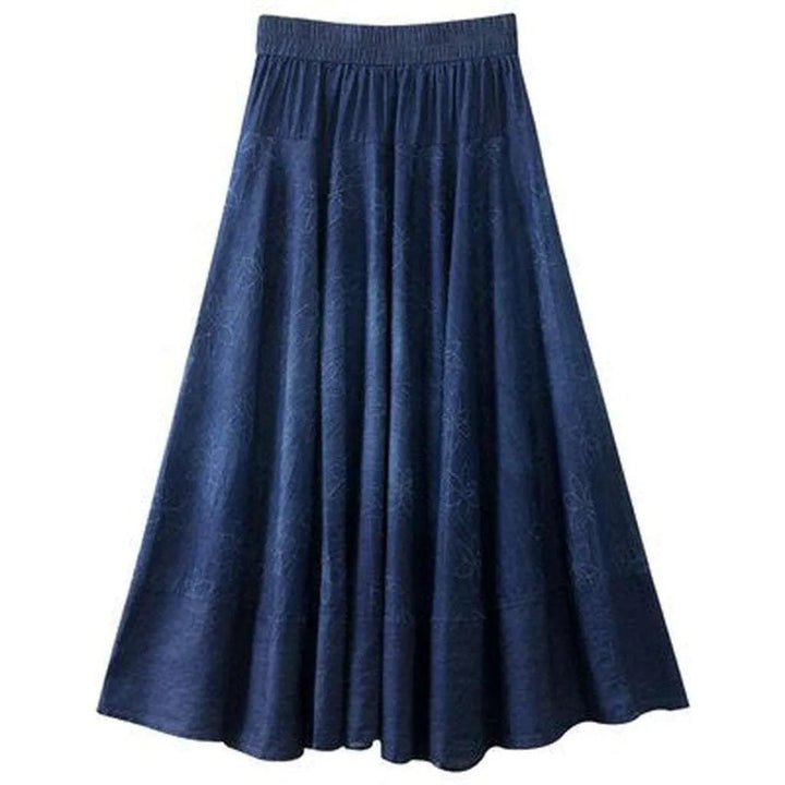 Embroidered flare long denim skirt