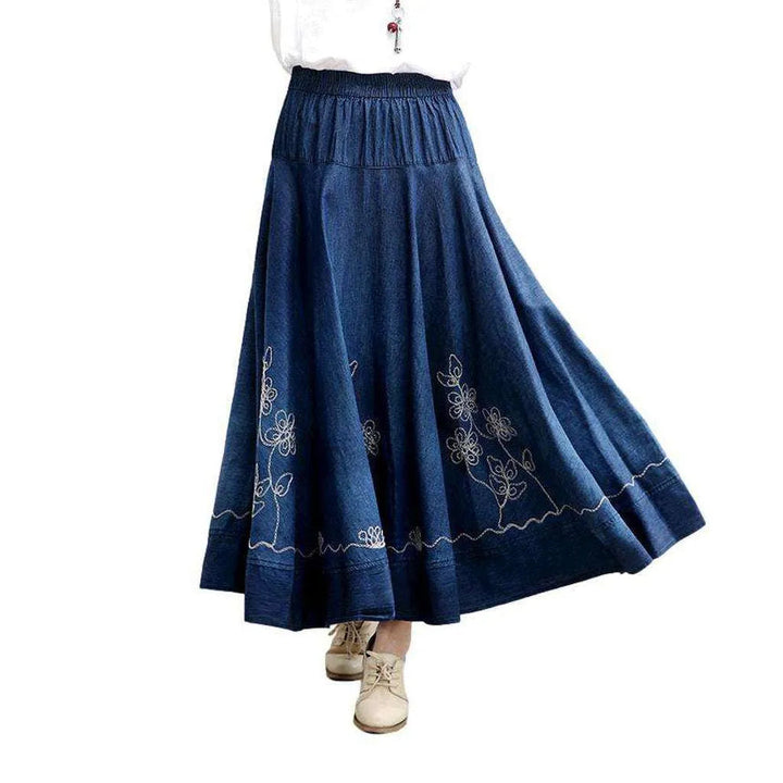 Embroidered flare women's jean skirt