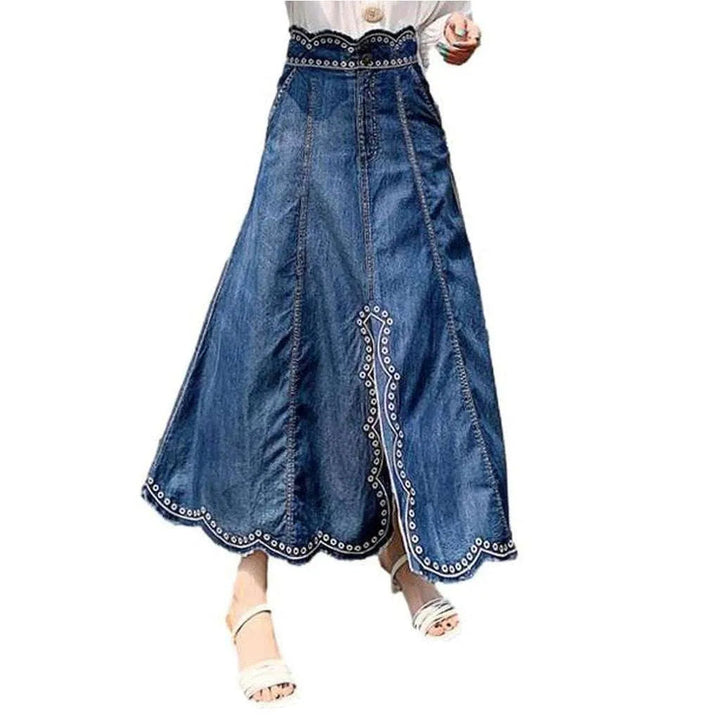 Embroidered oriental long denim skirt