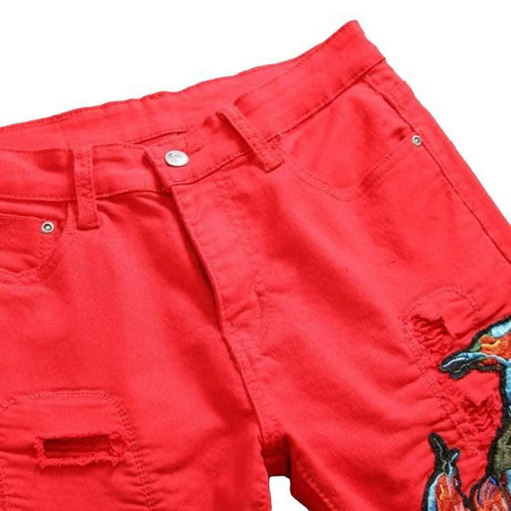 Embroidered ripped men's red jeans