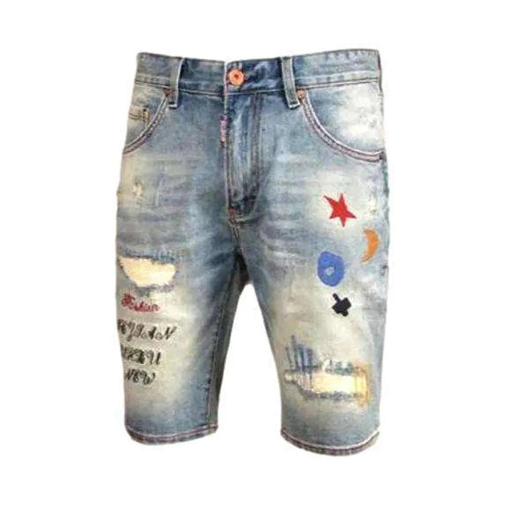 Embroidery ripped men's denim shorts