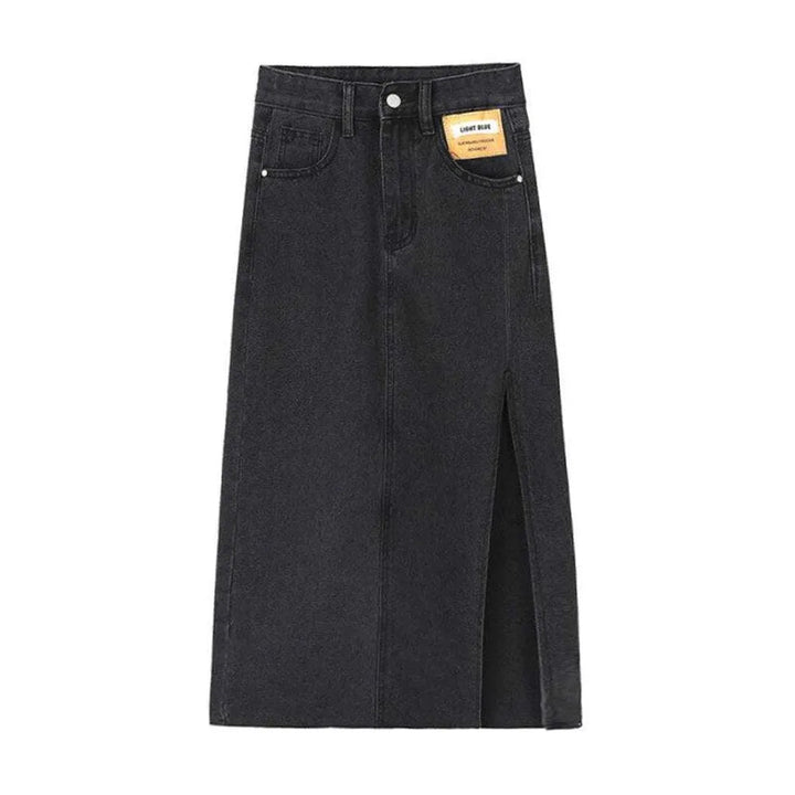 Exposed label long denim skirt