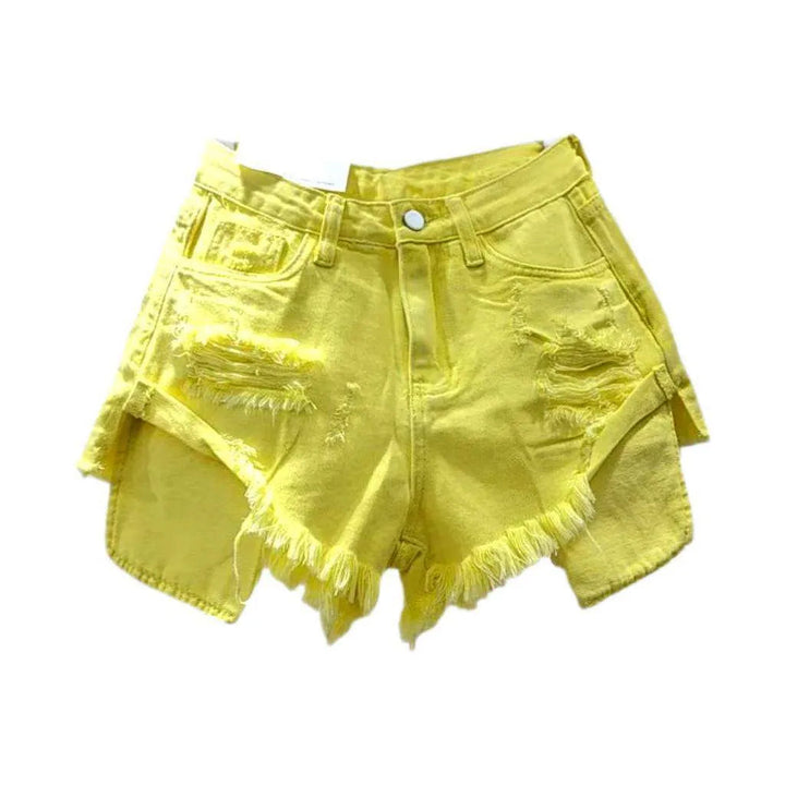 Exposed pockets distressed denim shorts