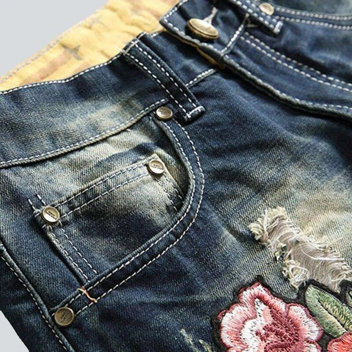 Red flower embroidery men's jeans