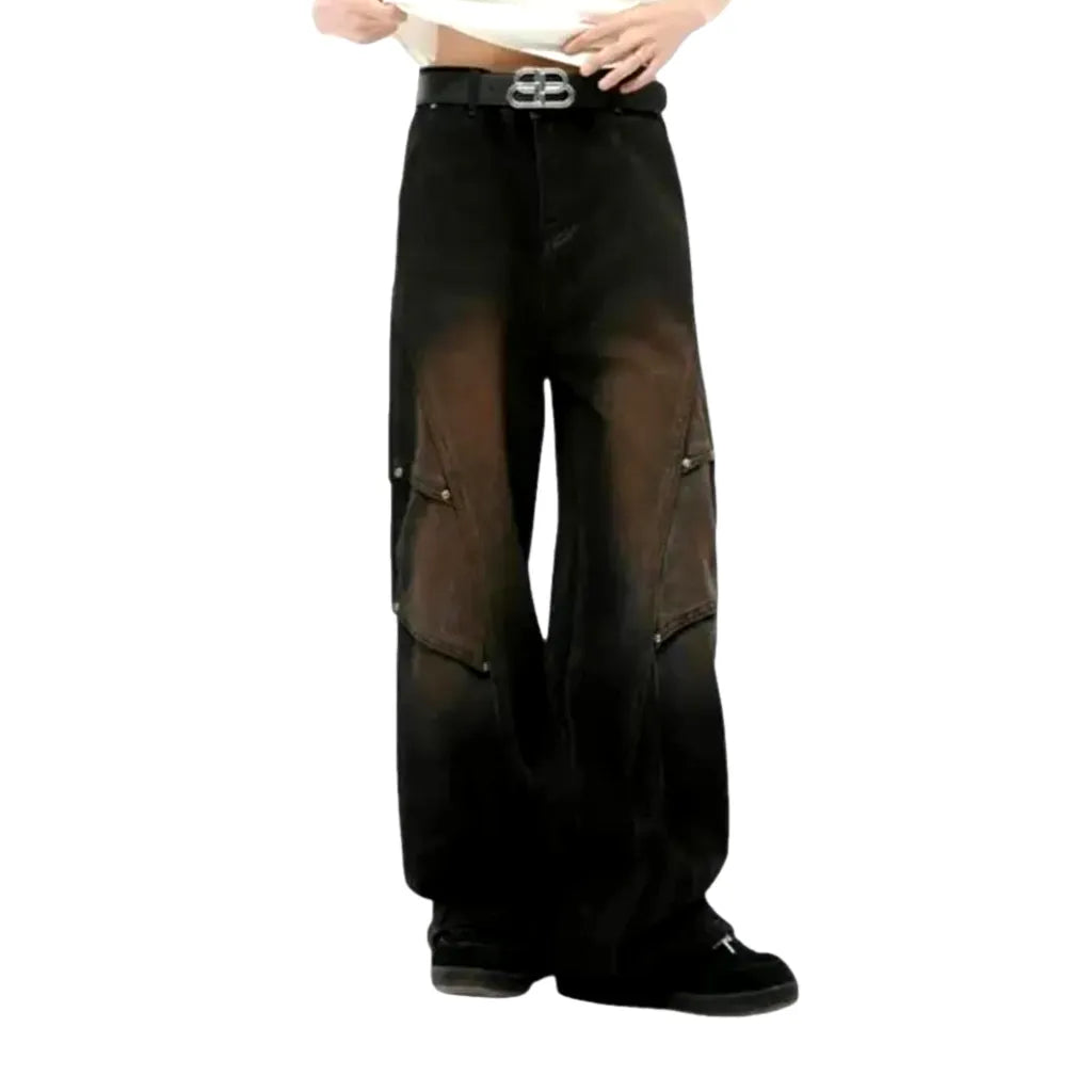 Retro Creased Boho Men's Jeans - Black