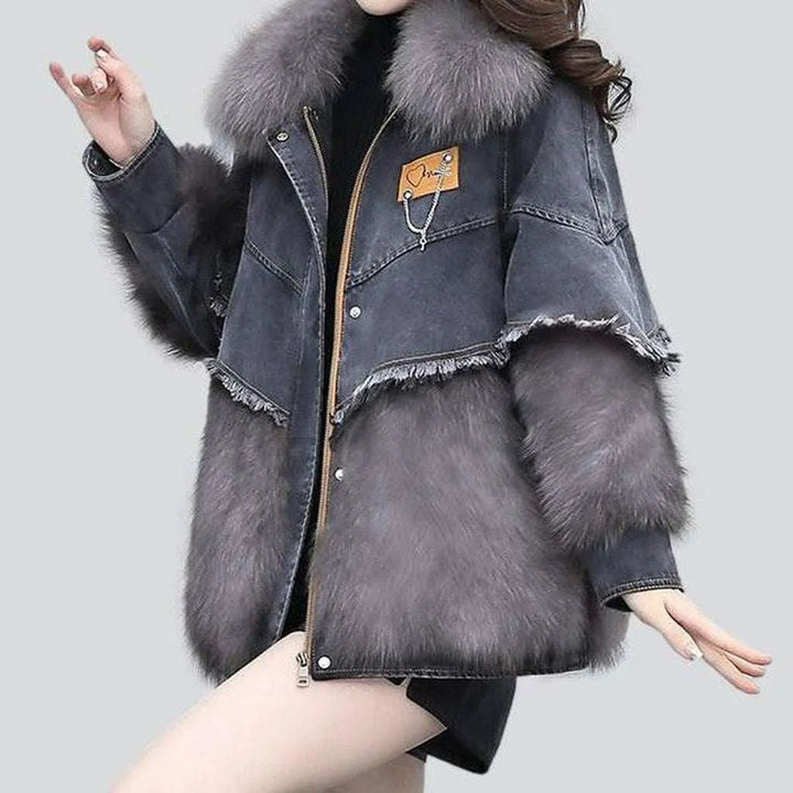 Grey denim jacket with fur