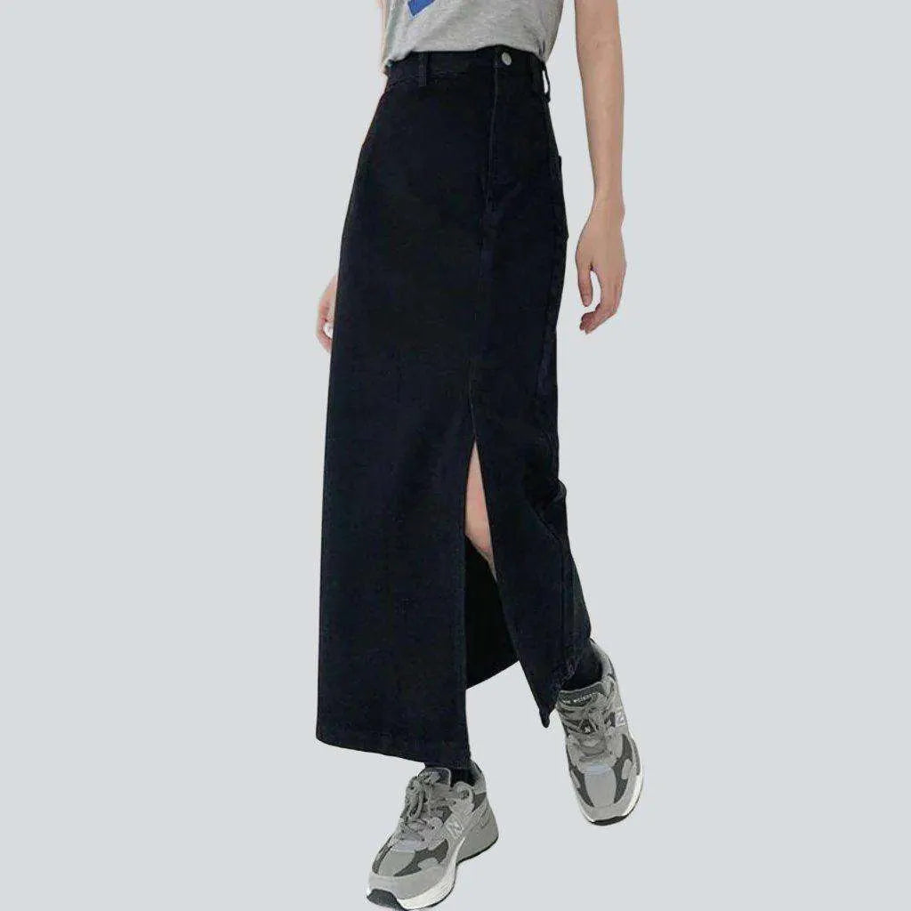 Side closure long denim skirt