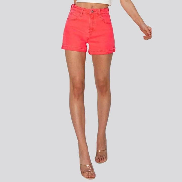 Coral-color women's denim shorts