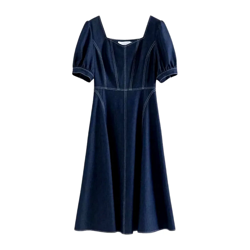 Elastic Midi Casual Jeans Dress - Dark Blue