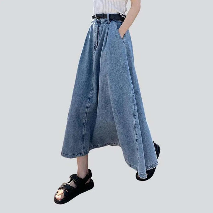 Long flare women's denim skirt