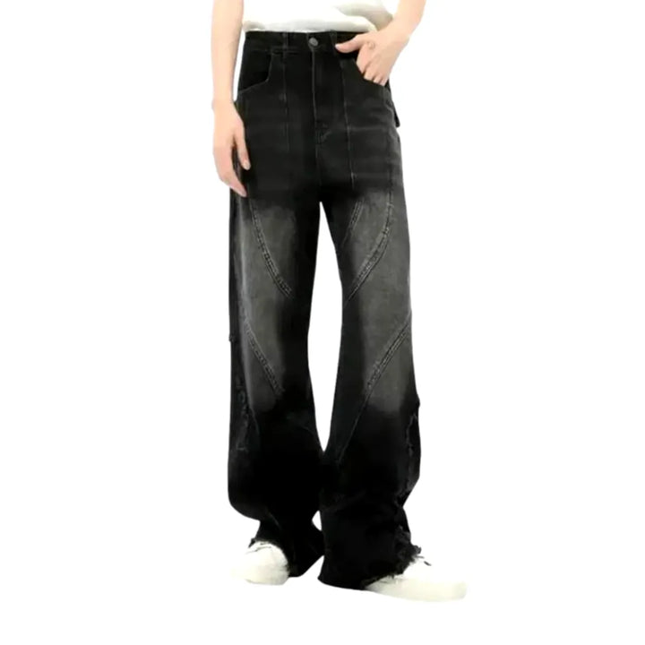 Wide Fit and Ragged Hem Jeans for Men - Black