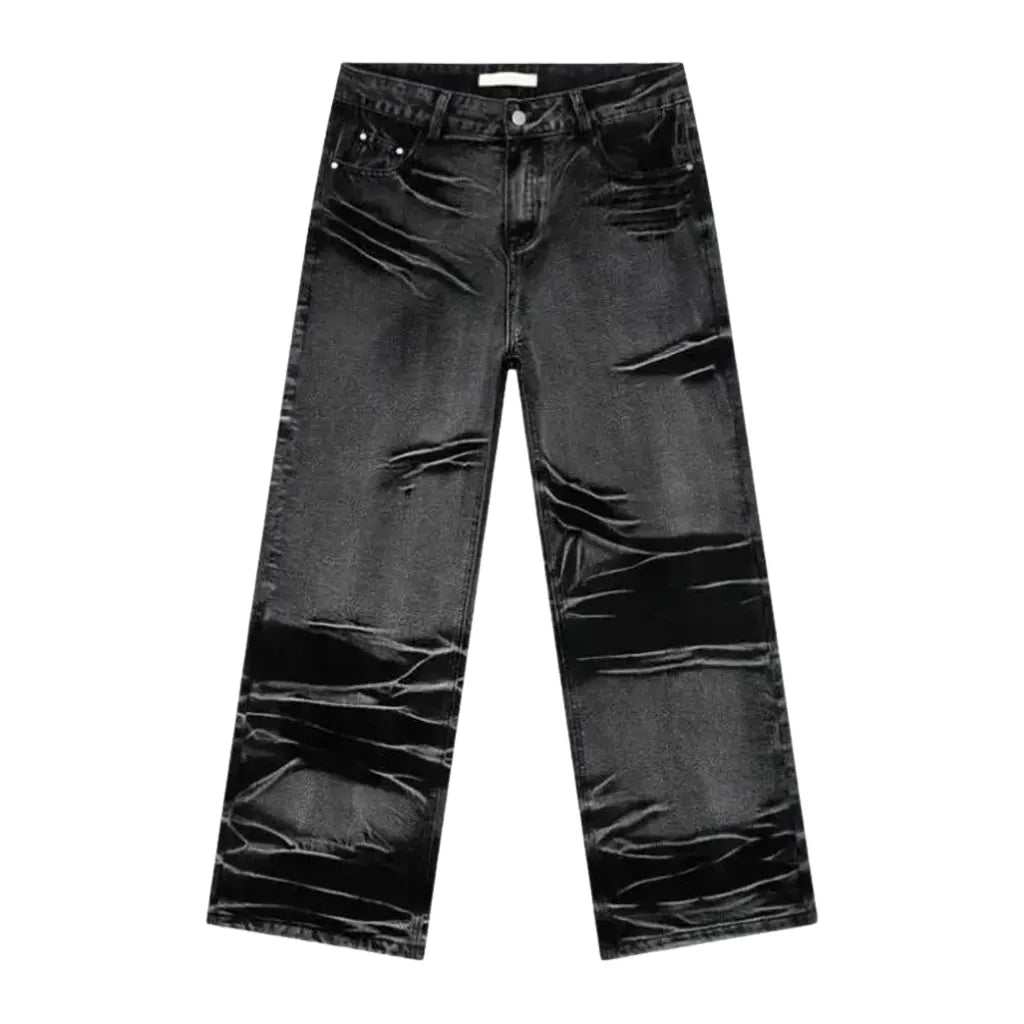 Street Style Faded Mid-rise Men's Jeans - Black