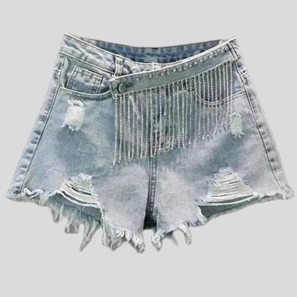 embellished, straight, light-wash, distressed, frayed-hem, zipper-button, women's shorts | Jeans4you.shop