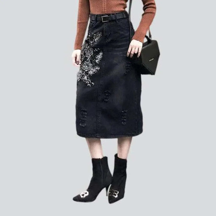 Black embroidered women's denim skirt