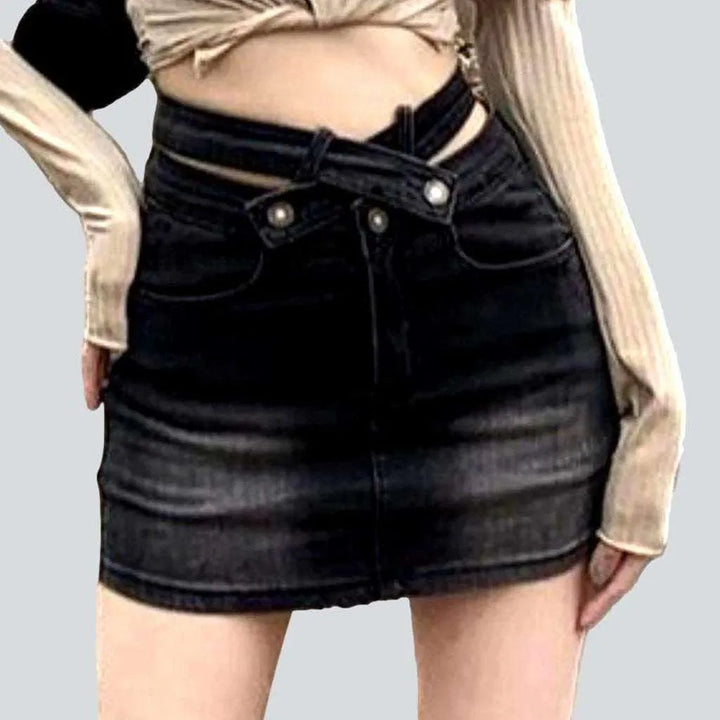 Belt waistband mini denim skirt