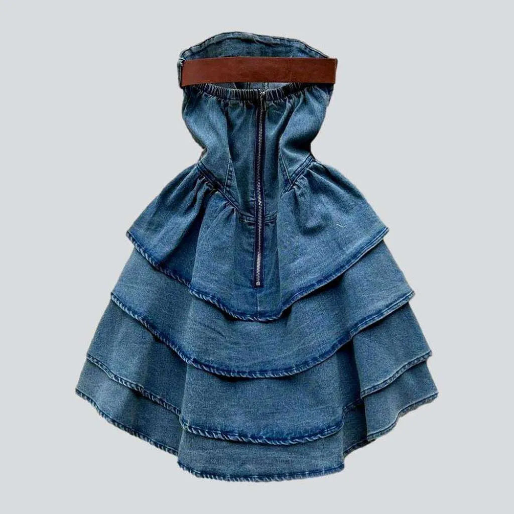 Vintage frills strapless denim dress