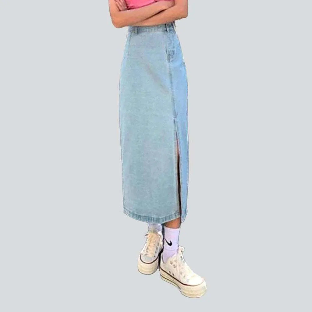 Side slit maxi jean skirt