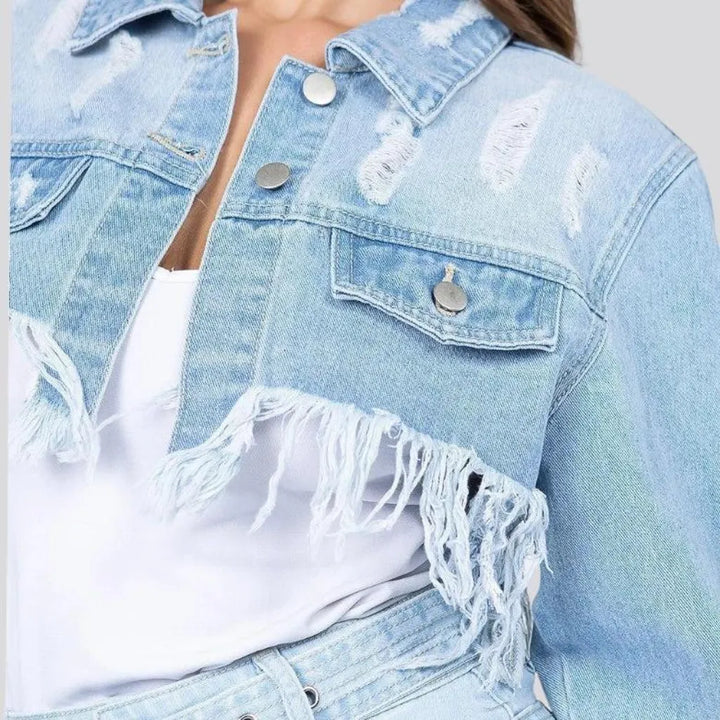 Trendy light wash women's denim jacket