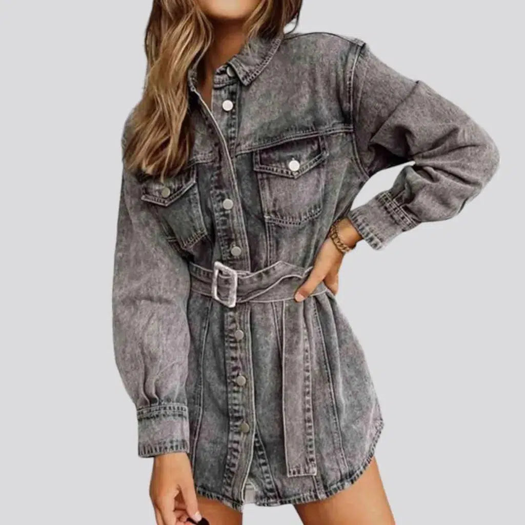 vintage, mini, grey, acid-wash, shirt-like, flap-pocket, buttons-belt, women's dress | Jeans4you.shop