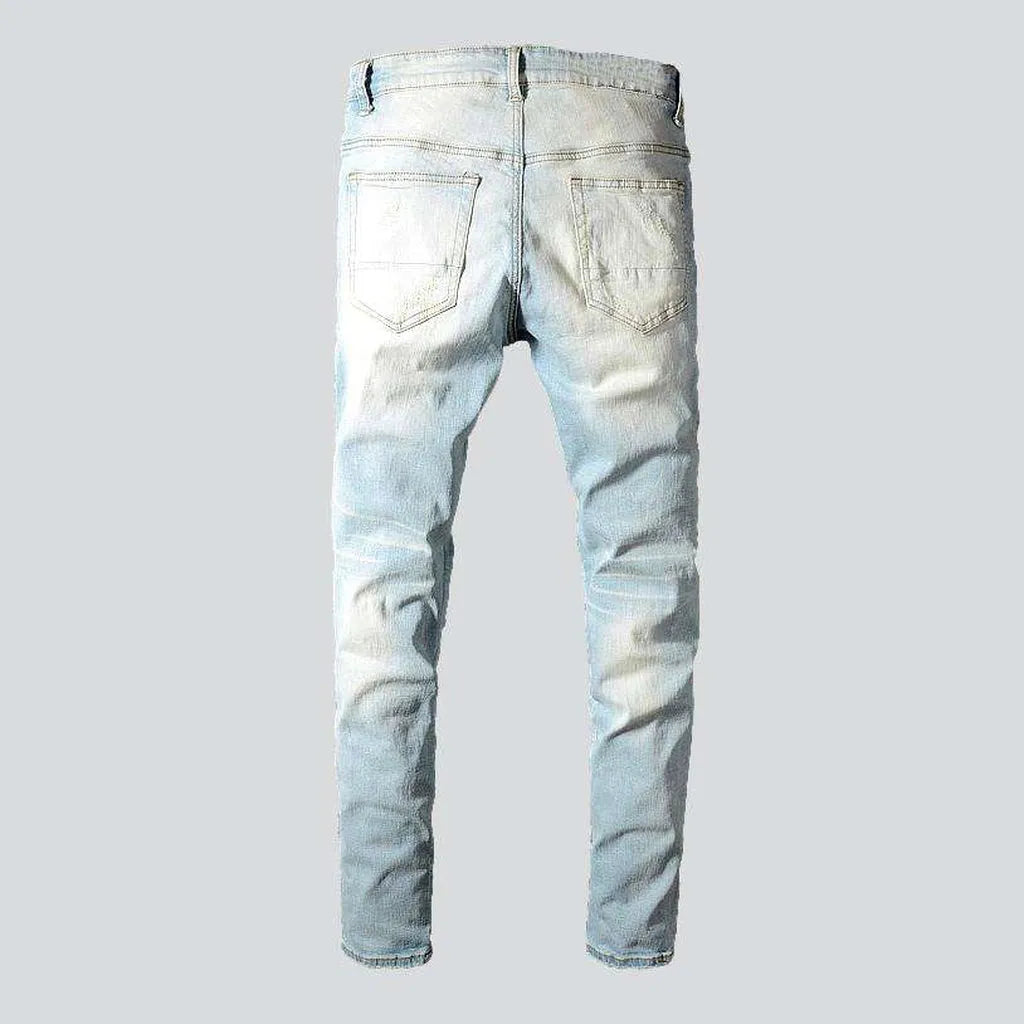 Pink patchwork distressed men's jeans