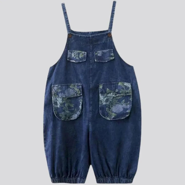 painted, baggy, medium-wash, rubber-hem, short, suspenders, women's jumpsuit | Jeans4you.shop