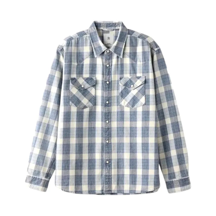 Casual Checkered Soft Men's Jean Shirt - Light Blue