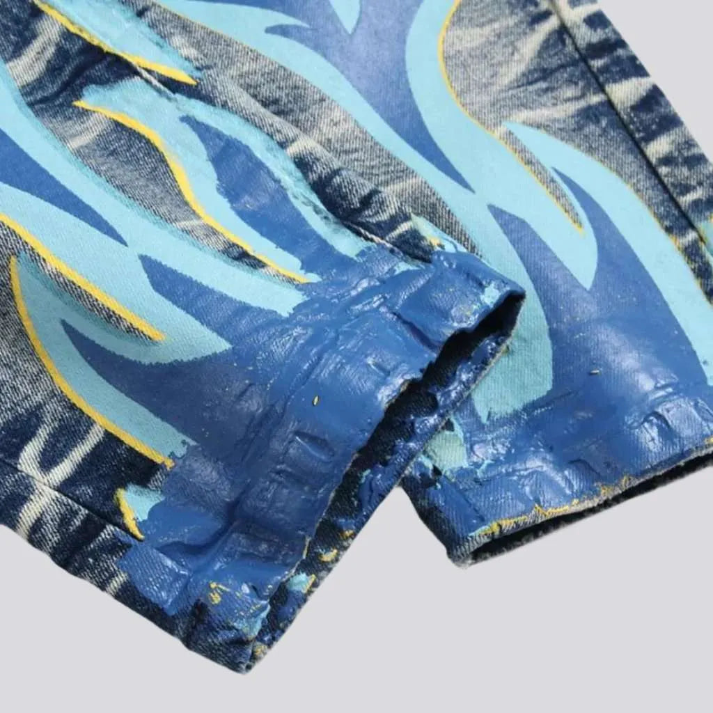 Ripped blue flame print jeans
 for men