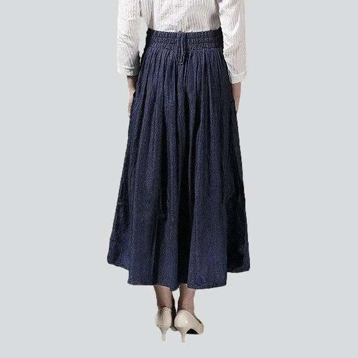 Flare navy long denim skirt