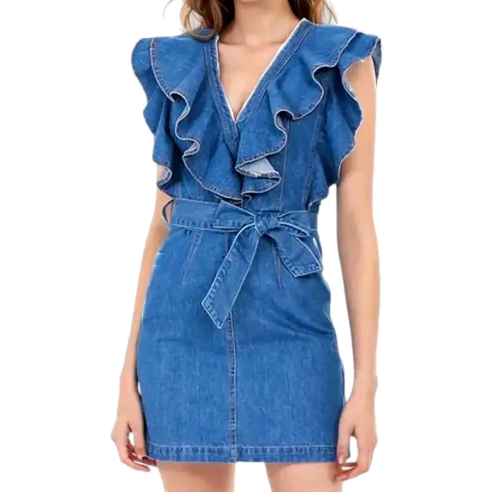 Medium Wash Frills-neck Fashion Jean Dress - Blue