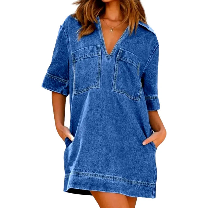 Fashionable V-neck Denim Caftan Dress - Blue