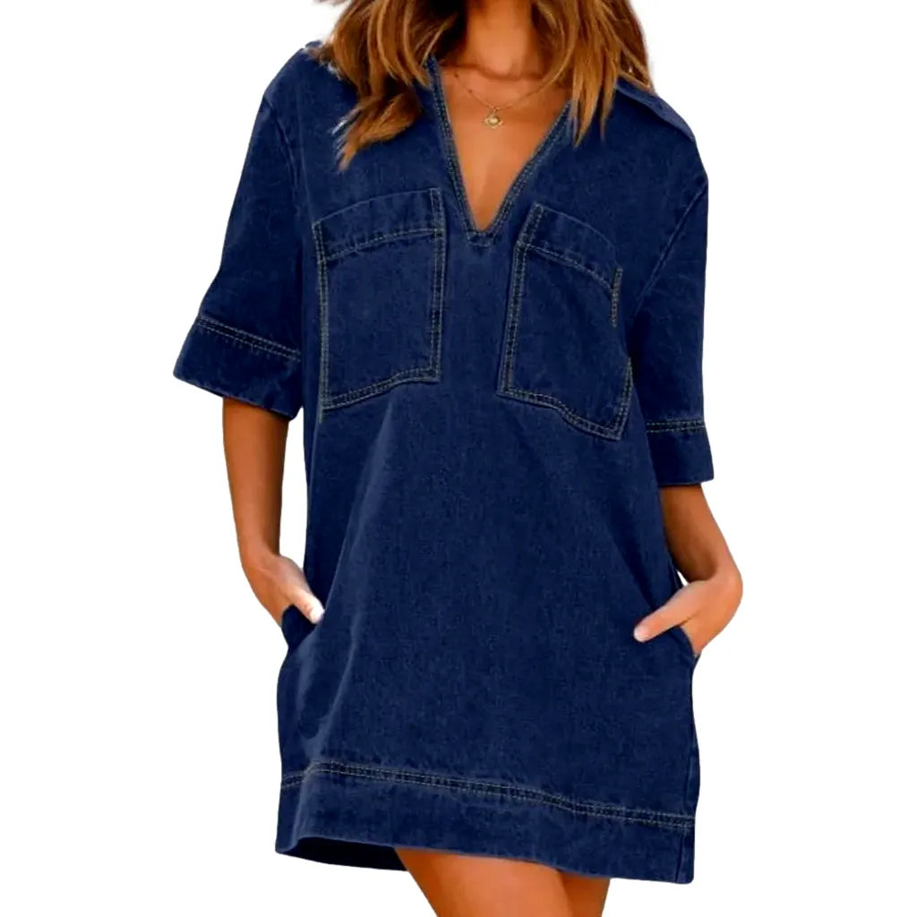 Fashionable V-neck Denim Caftan Dress - Dark Blue