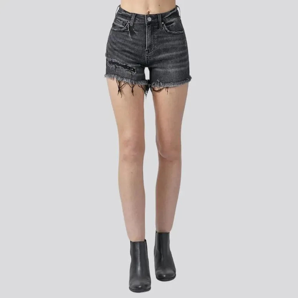 High-waist frayed-hem jeans shorts
 for women