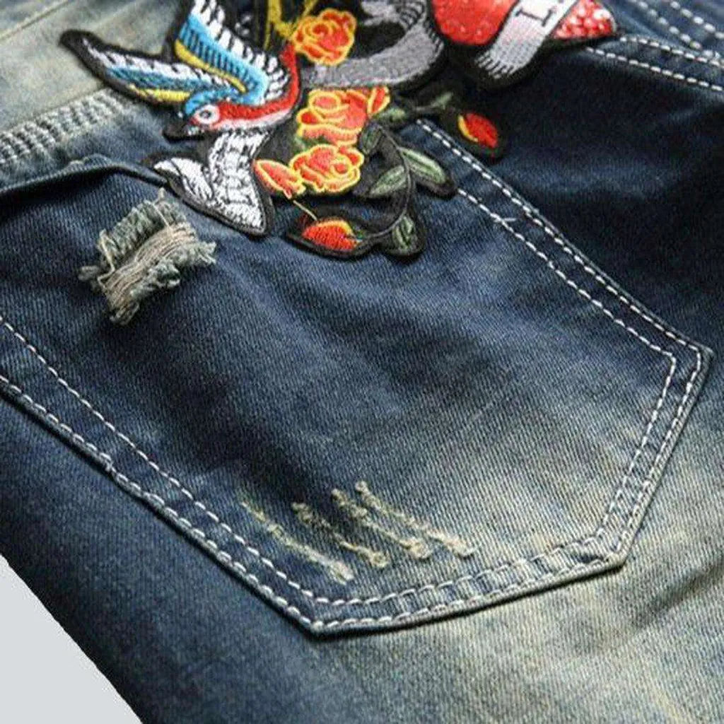 Red flower embroidery men's jeans