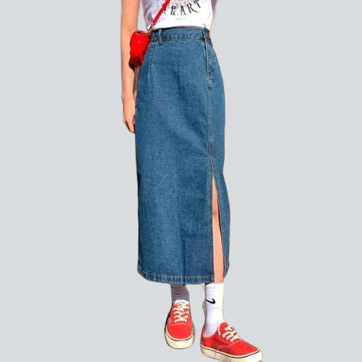 Side slit maxi jean skirt